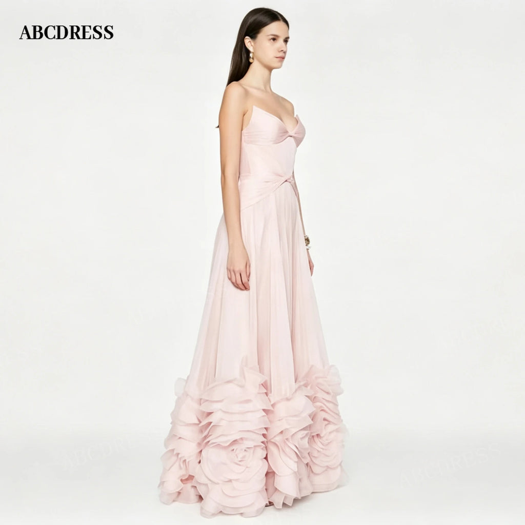 ABCDRESS Dusty Pink Strapless Evening Dress 3D Ruffled Rose Hem Prom