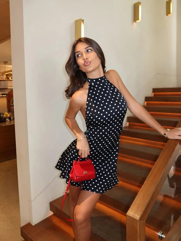 Halter Dot Printed Dresses For Women Streetwear Backless Sleeveless