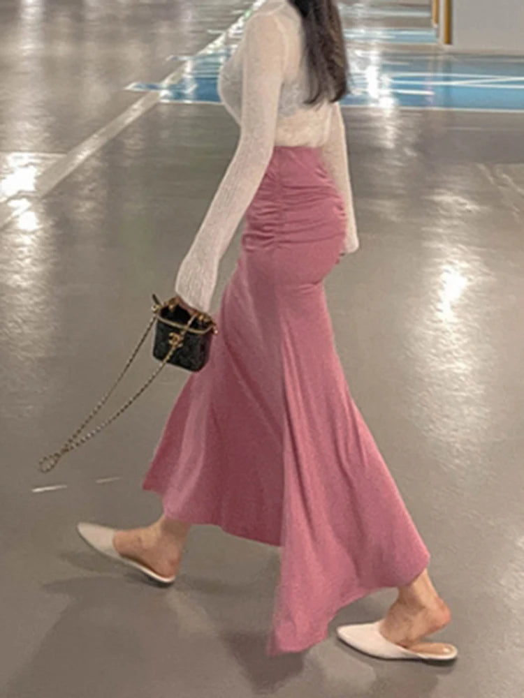 Shirring Satin Skirts for Women High Waisted Skirt Women A-Line Elegant