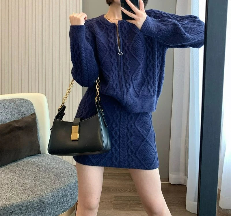 Autumn and Winter Wear Fashion Texture Knitted Sweater Cardigan Skirt Set Women's Two-piece Set