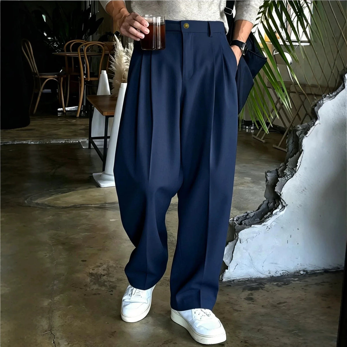Classic solid color trousers with a versatile drape, men's business casual pants with active pleats, men's wide-leg pants, K-pop