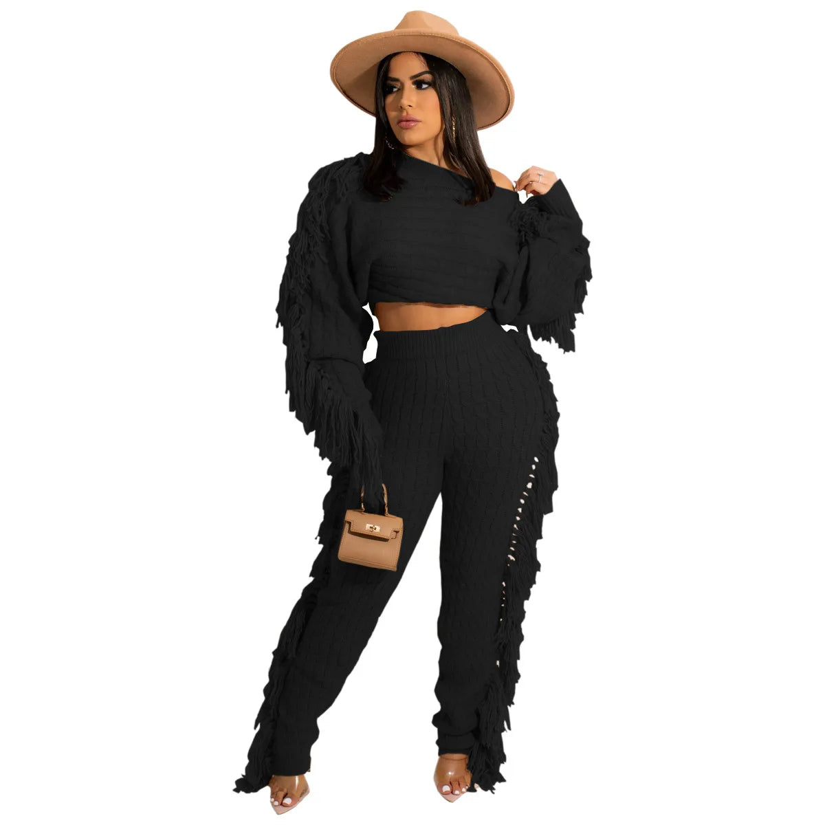 Women Sweater Knitted Pants Suit Knitting 2 Piece Set Pullover Top Trousers Ensemble Tassels Knitwear Outfits 2025 Autumn Winter