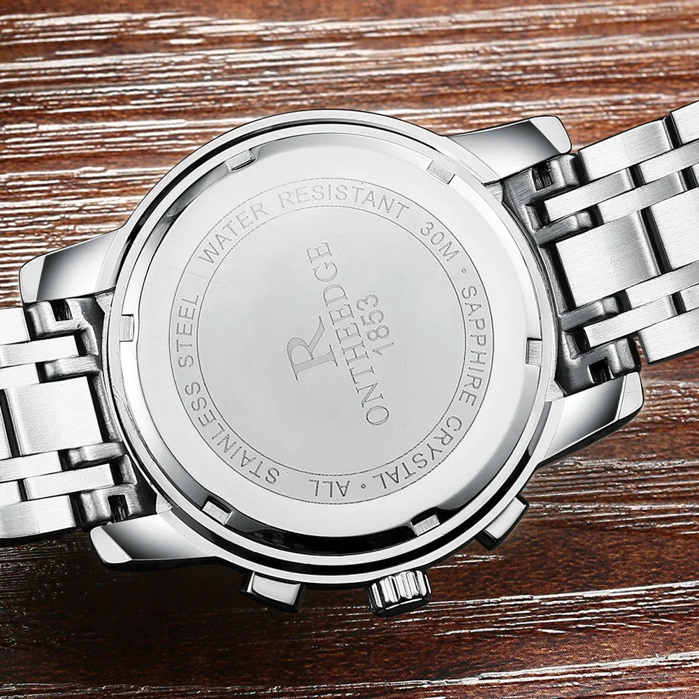 ONTHEEDGE Mens Watches Top Brand Luxury Business Quartz Watch Men All Steel Blue Face Waterproof Chronograph Relogio Masculino