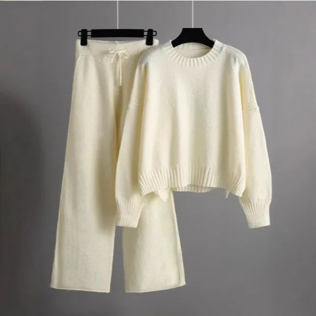 Knitted Drape Wide Leg Pant Suit Two Piece Sets knitwear Winter Thick Warm Sweater Tracksuits casual Women sweater