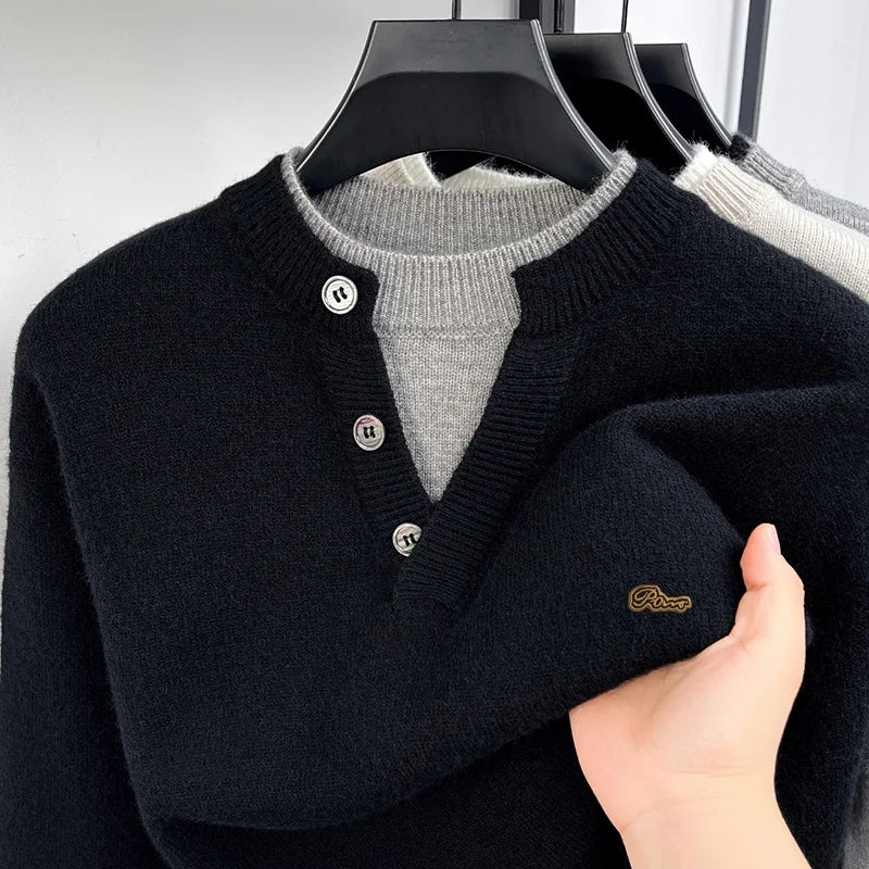 Fashion Men‘s Long-Sleeved Sweater Knitwear Button False Two-Piece Color Blocking Pullover Classic Leisure Hot-Selling for Men