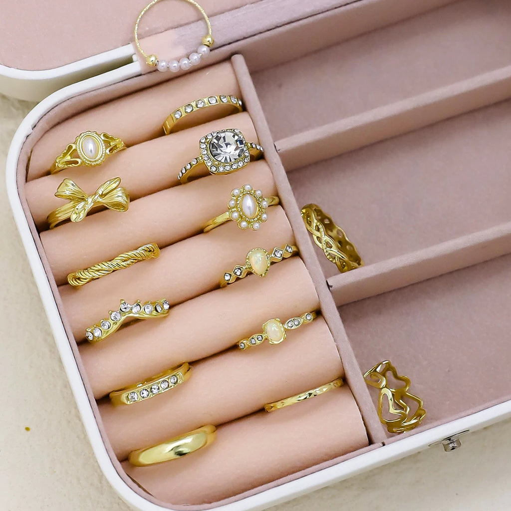 15pcs/Set Gold Rings With Bow, Flower, Leaf And Faux Pearl Designs,
