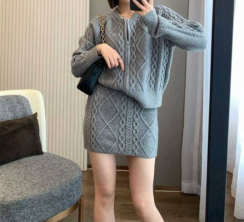 Autumn and Winter Wear Fashion Texture Knitted Sweater Cardigan Skirt Set Women's Two-piece Set