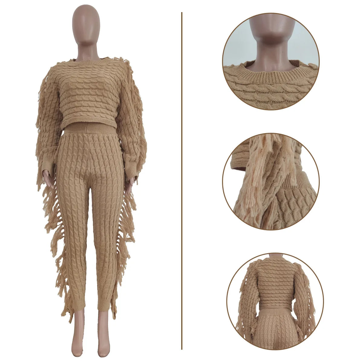 Women Sweater Knitted Pants Suit Knitting 2 Piece Set Pullover Top Trousers Ensemble Tassels Knitwear Outfits 2025 Autumn Winter