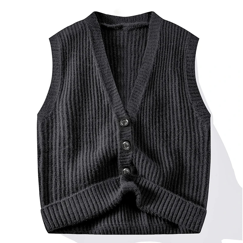 Chic Casual Sleeveless Vest Waistcoat Knitwear V Neck Fashion Loose Shirt Coat New Men Clothes Tops Knit Sweater Jacket Cardigan