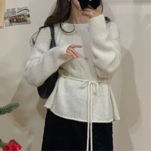 Slimming Knitted Sweater Women's Fashion Sweet Style Belted Waist One-Shoulder Winter New Soft Versatile Top Casual Streetwear