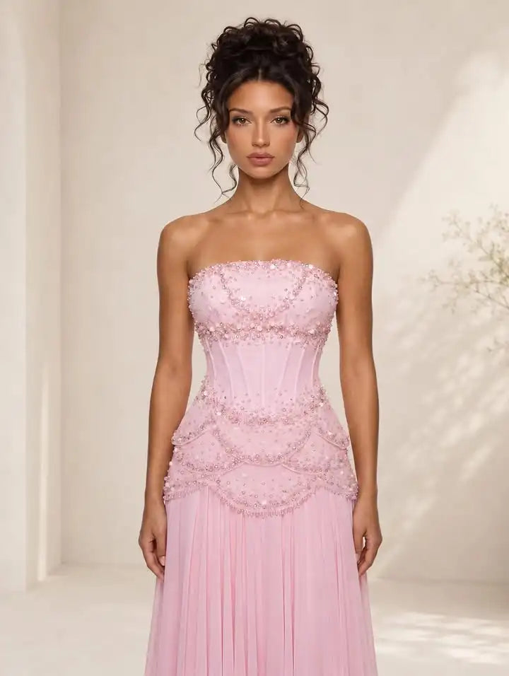 Dresses For Woman Evening Dresses Strapless Beaded Corset Chiffon Dress