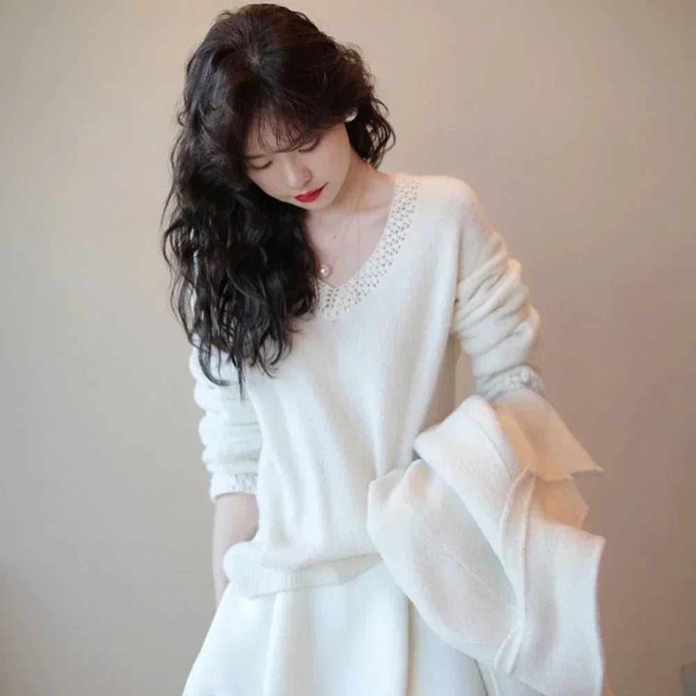 Knitted Top for Women V-neck Pullovers Mesh Ladies Sweaters Clothing Beige Tall Tops Cold Winter 2025 New Knitwear Trend In