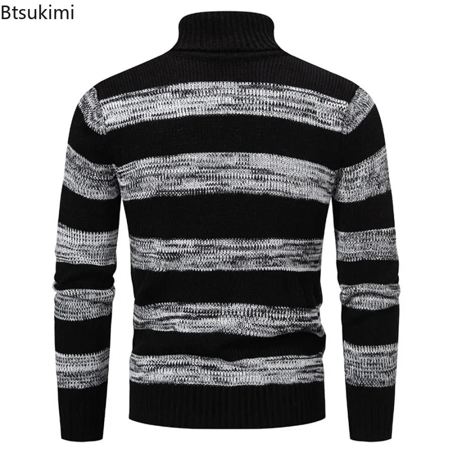 New 2026 Men's Knitwear Tops Autumn Winter Warm Turtleneck Pullovers Fashion Striped Splice Casual Knitted Sweaters Man Clothes