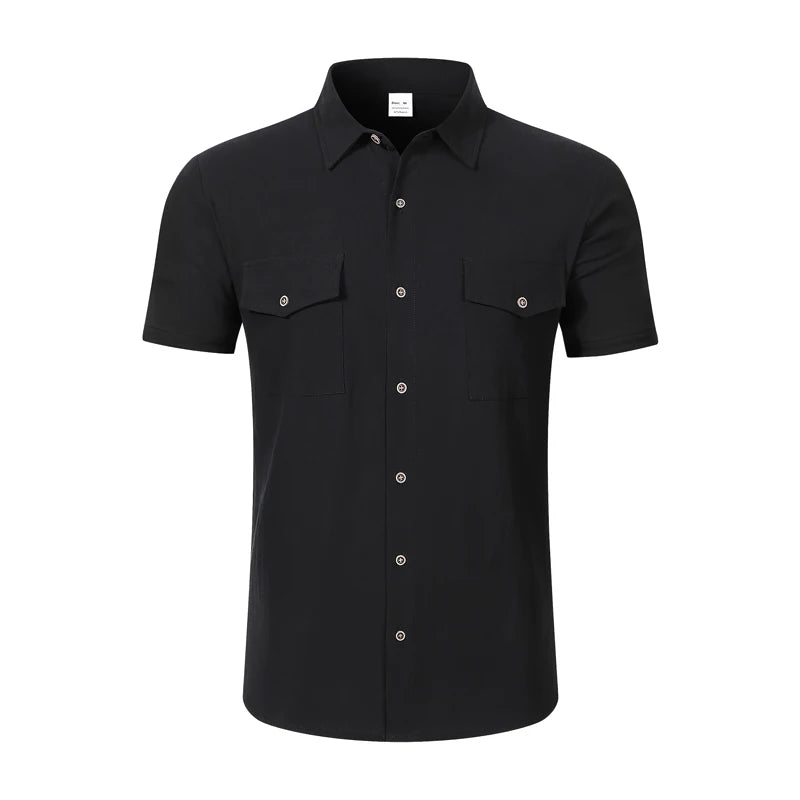 Men's Linen Button Up Short Sleeve Shirt Lapel Collar Lightweight Breathable Double Chest Pocket Summer Beach Daily Casual Tops
