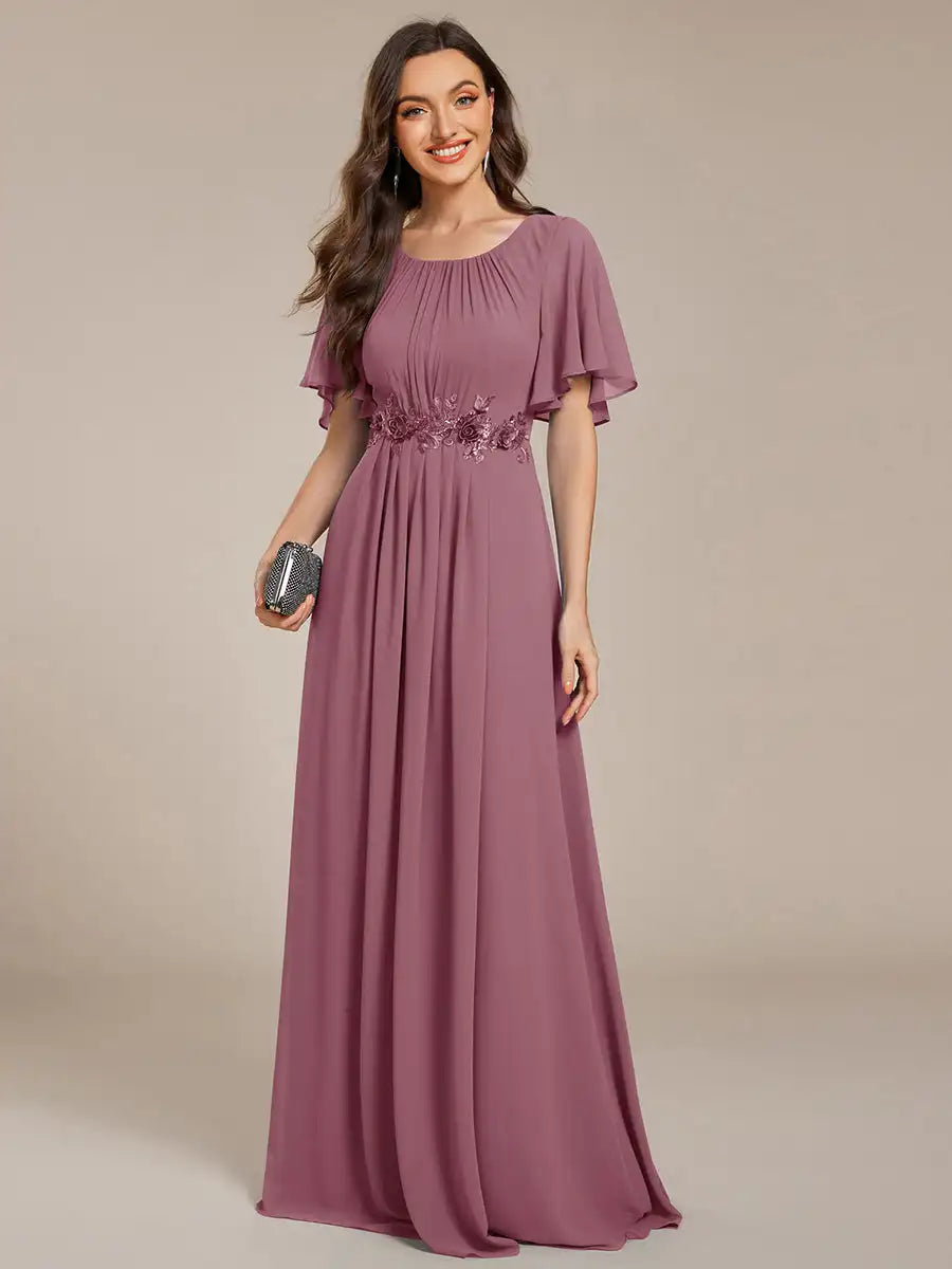 Evening Dresses Short Sleeves Pleated Applique Floor-Length Ever Pretty