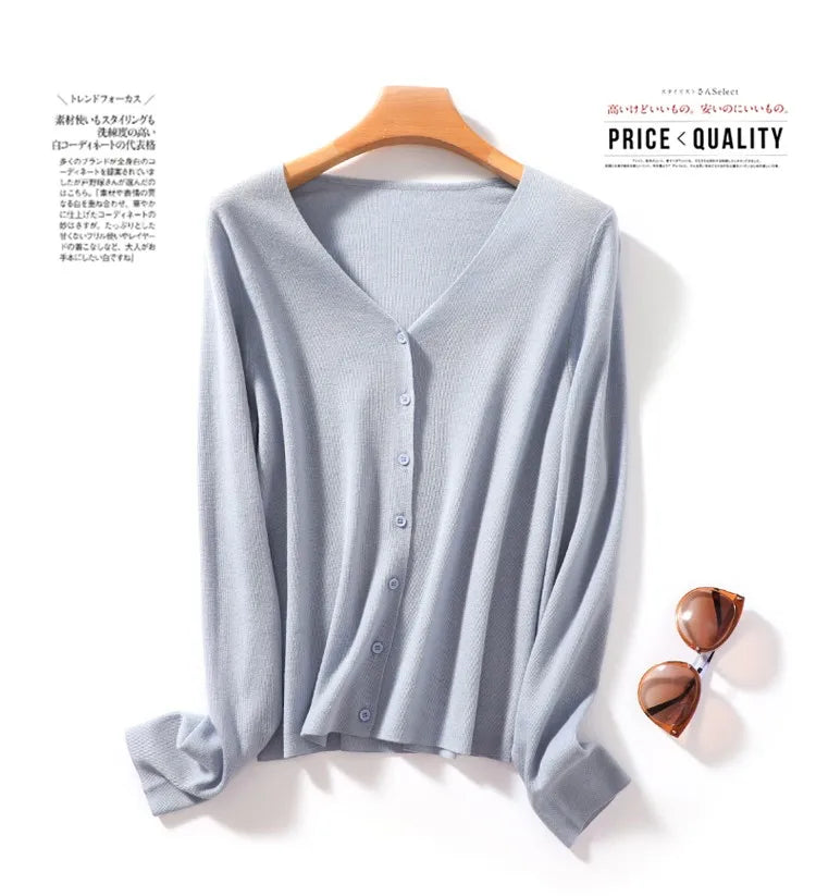 Wearable in All Seasons, 100% Superfine Worsted Wool Knitwear for Women, V Neck Long-Sleeved Cardigan Jacket, Simple Commuter Thin Outerwear, Short Style