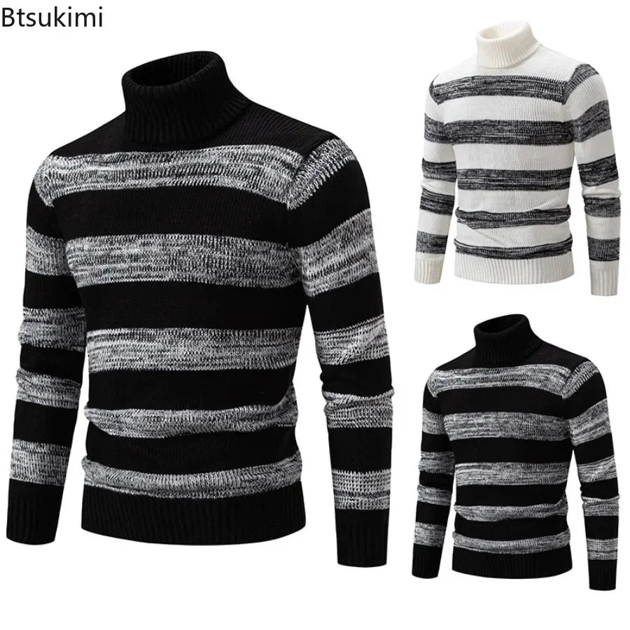 New 2026 Men's Knitwear Tops Autumn Winter Warm Turtleneck Pullovers Fashion Striped Splice Casual Knitted Sweaters Man Clothes