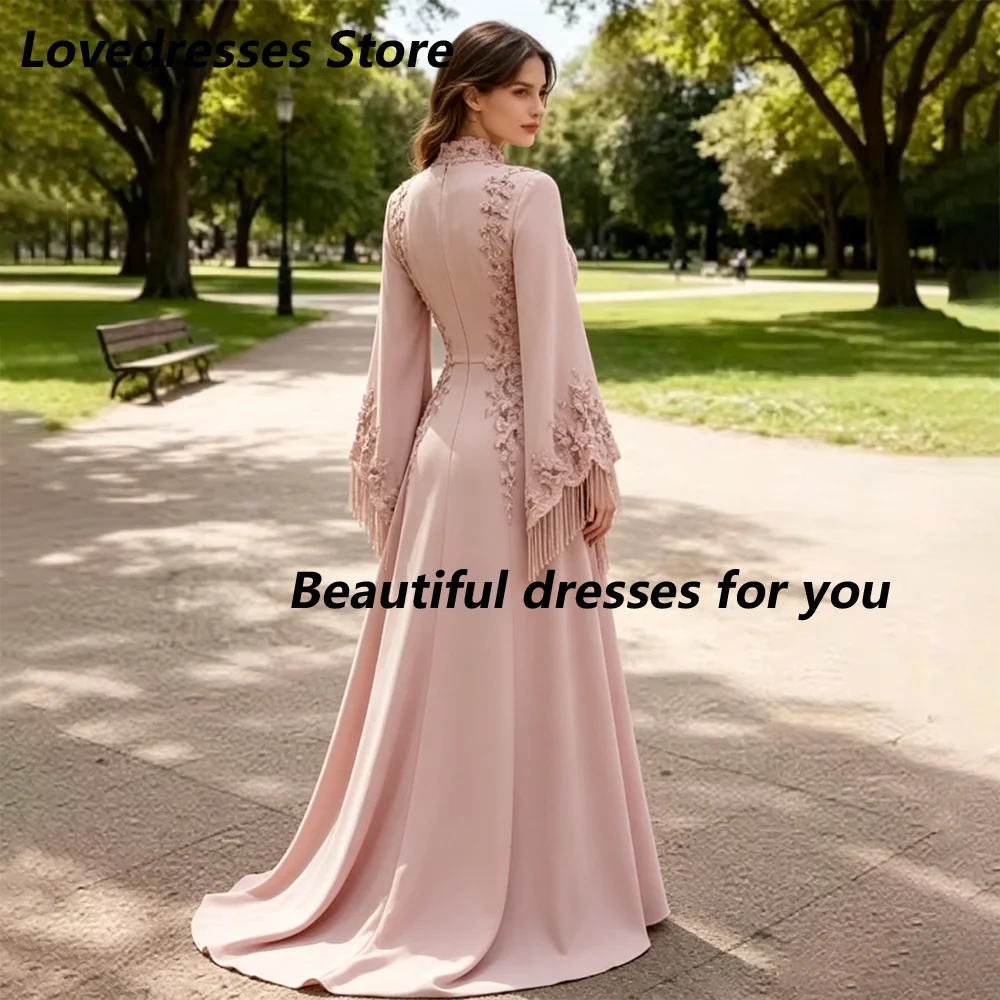 Customized Evening Dresses Dusty Pink High Neck Floral Applique Tassel