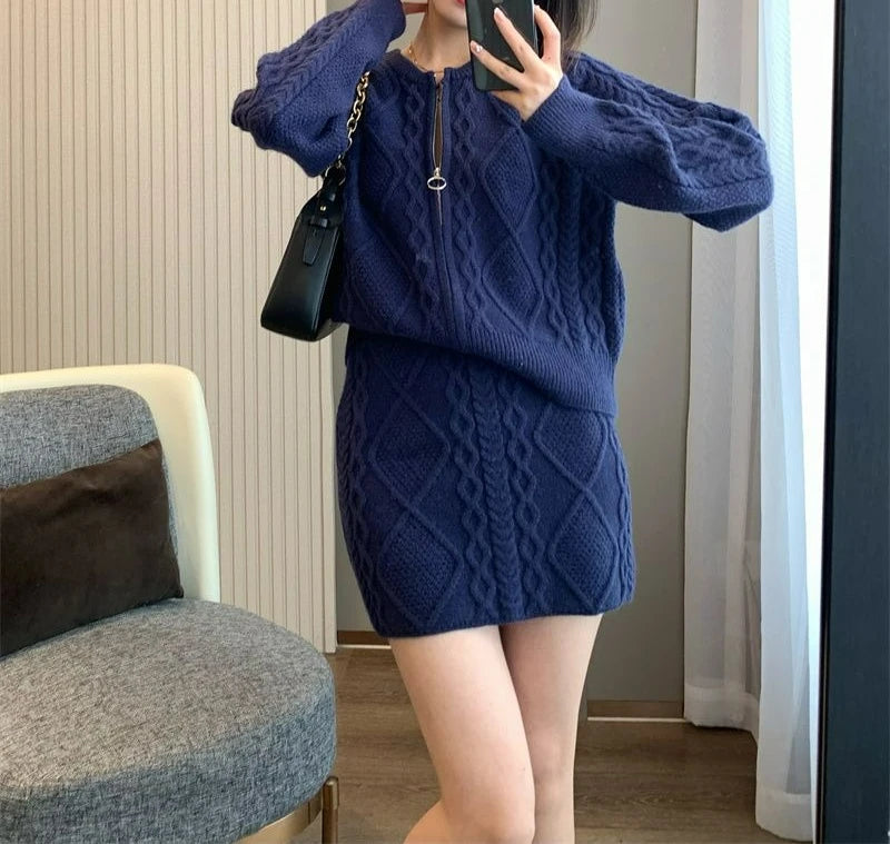 Autumn and Winter Wear Fashion Texture Knitted Sweater Cardigan Skirt Set Women's Two-piece Set