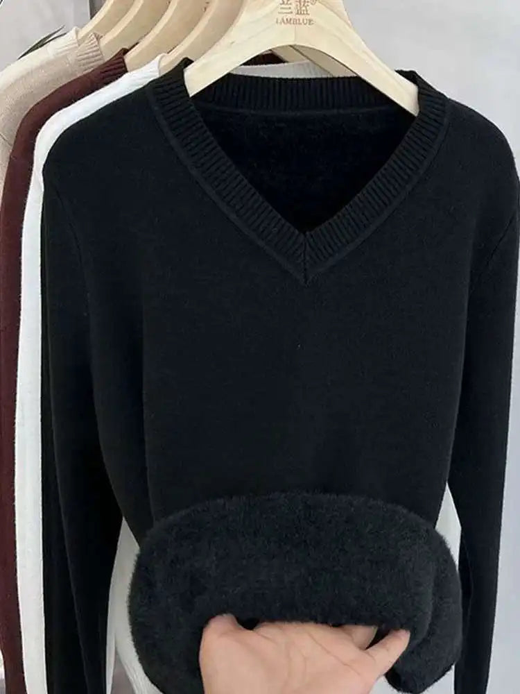 Thickened Fleece V-Neck Long Sleeve Women's Knitwear Autumn Winter Warm Soft Mink Velvet Slim Fit Crew Neck Pullover Top