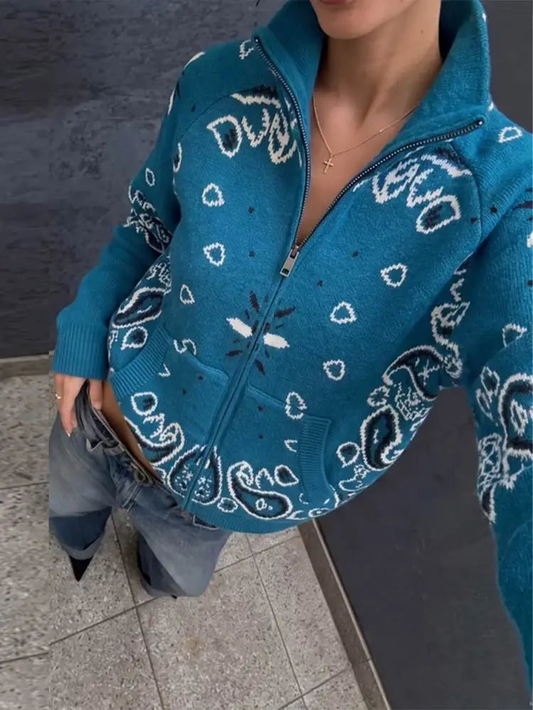 Casual Printed Knitted Women's Cardigan Long Sleeve Zippers Stand Collar Pocket Lady Sweater 2026 Autumn Chic Female Streetwear