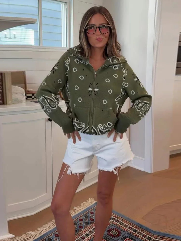 Casual Printed Knitted Women's Cardigan Long Sleeve Zippers Stand Collar Pocket Lady Sweater 2026 Autumn Chic Female Streetwear