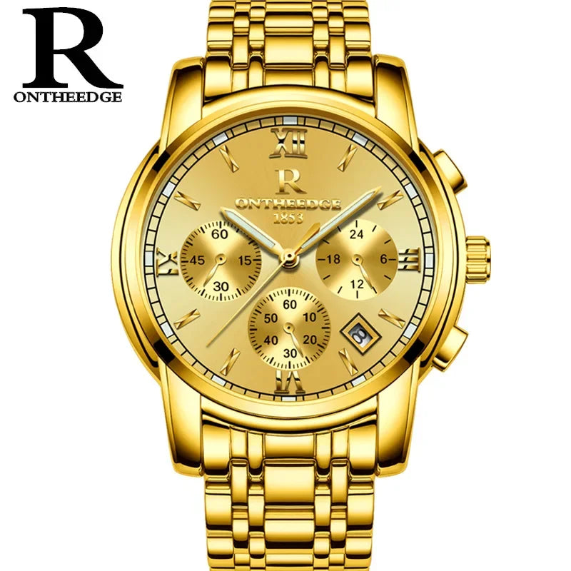 ONTHEEDGE Mens Watches Top Brand Luxury Business Quartz Watch Men All Steel Blue Face Waterproof Chronograph Relogio Masculino
