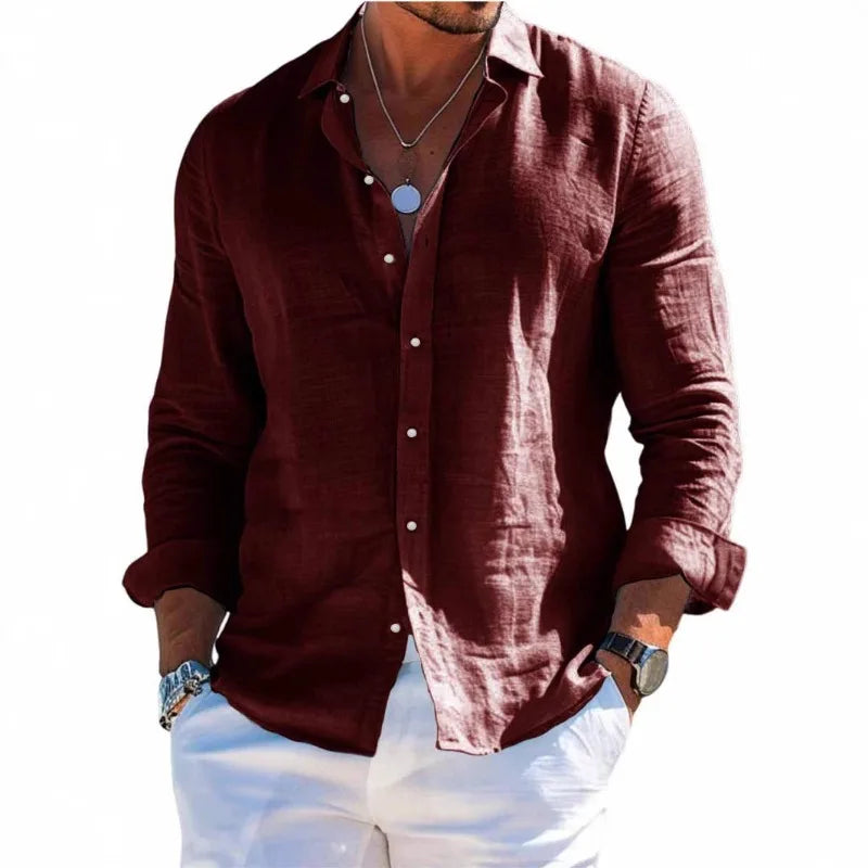 Men's Linen Button Down Shirt Casual Long Sleeve Lapel Solid Loose Shirt Tops New 2026 Spring Summer Men Beach Vacation Shirts