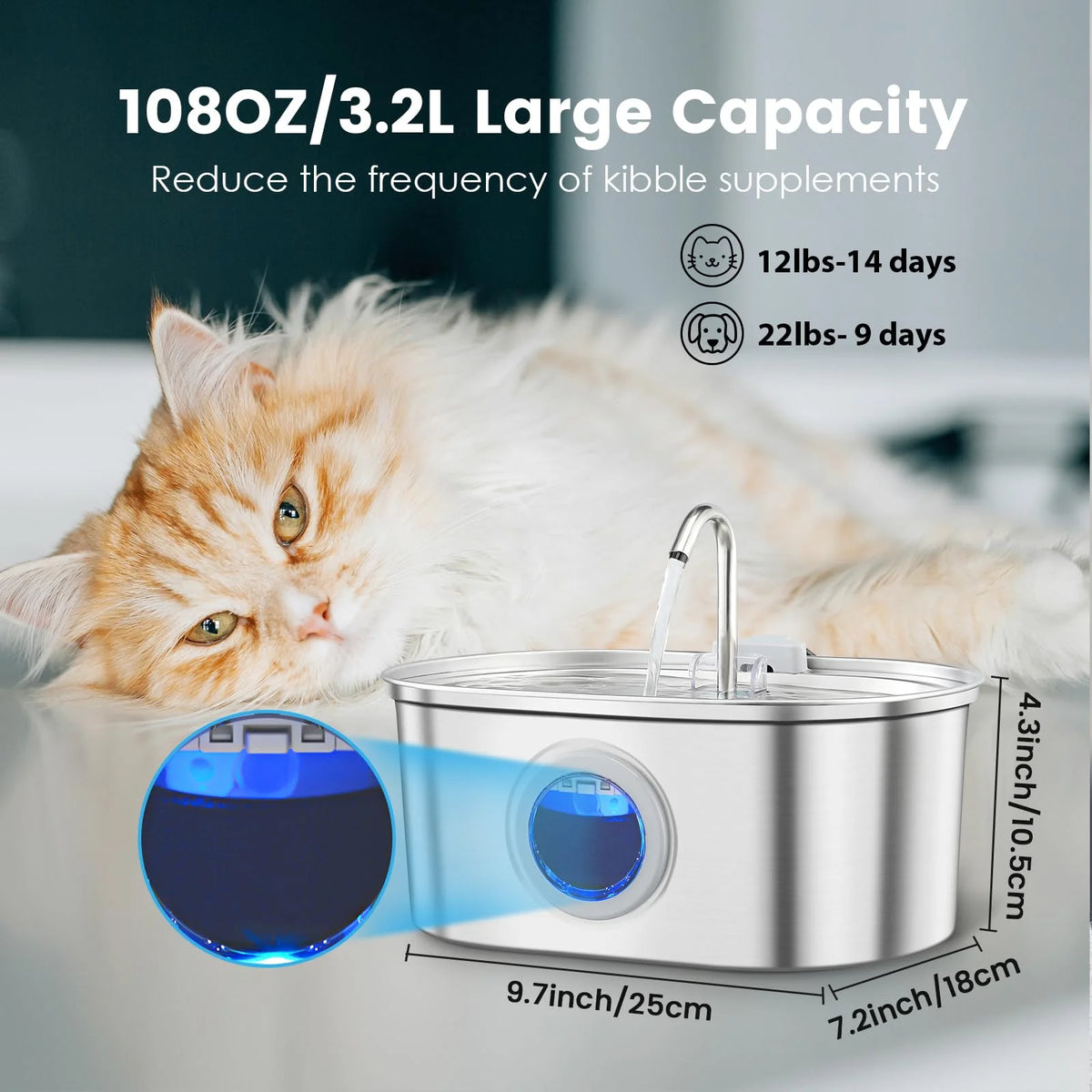 3.2L/108oz Large Capacity Pet Water Fountain 304 Stainless Steel Cat Water Fountain Ultra Quiet Pet Water Dispenser for Cats Dogs Automatic Drinking Bowl with Filter 24/7 Fresh Filtered Water Bowl for Indoor Cats & Dogs with
