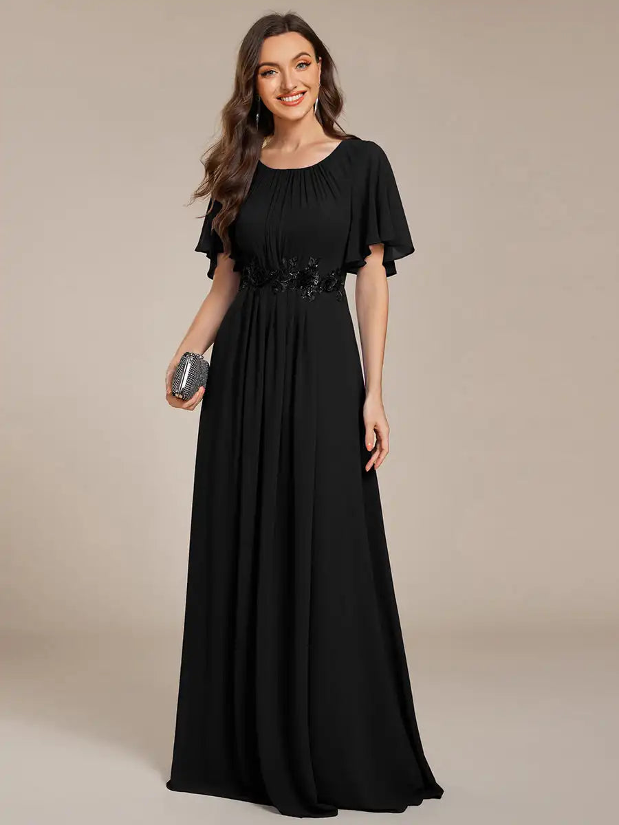 Evening Dresses Short Sleeves Pleated Applique Floor-Length Ever Pretty