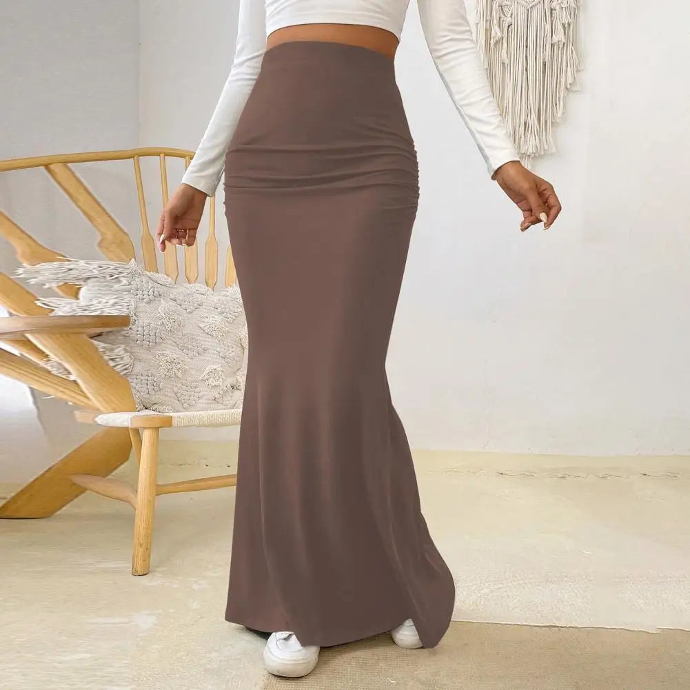 Women Maxi Skirt Solid Color High Waist Knitted Women's Fishtail Skirt Long Skirt Spring Autumn Elegant Shirring Design Skirts