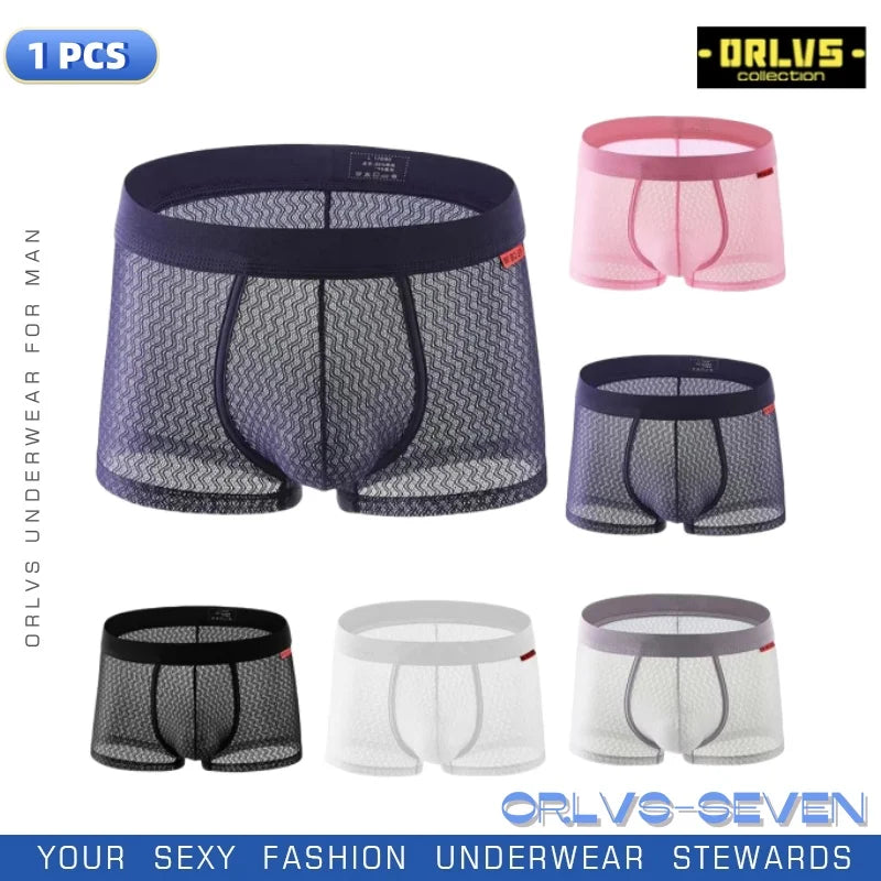 Mens Sexy Mesh Middle Waist Underwear For Hot Man Boxer Elastic Briefs Ultra-Thin Solid Underpants Gay Sissy Bulge Pouch Panties