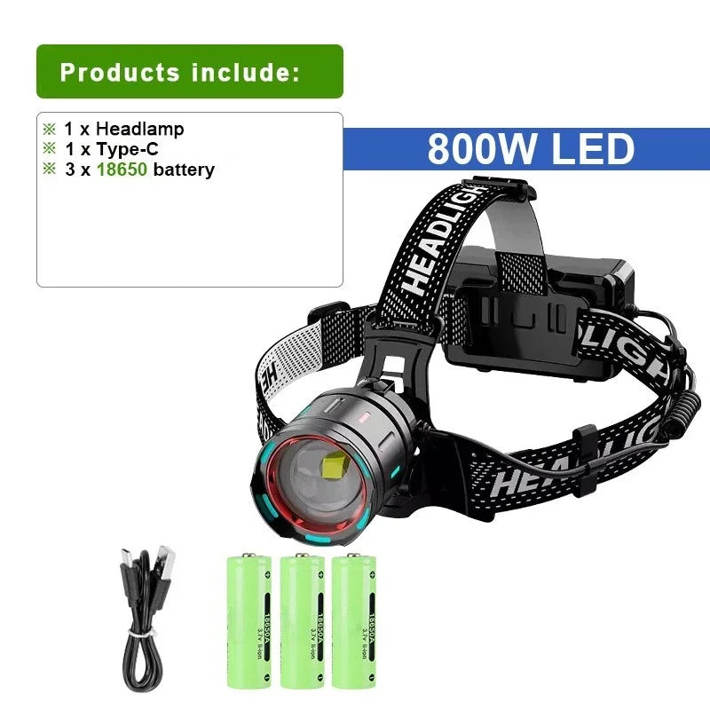 2025 New High Powerful 800W LED Headlight 10000000LM Super Bright Zoom Waterproof Headlamp Outdoor Camping Work Hunting Lantern