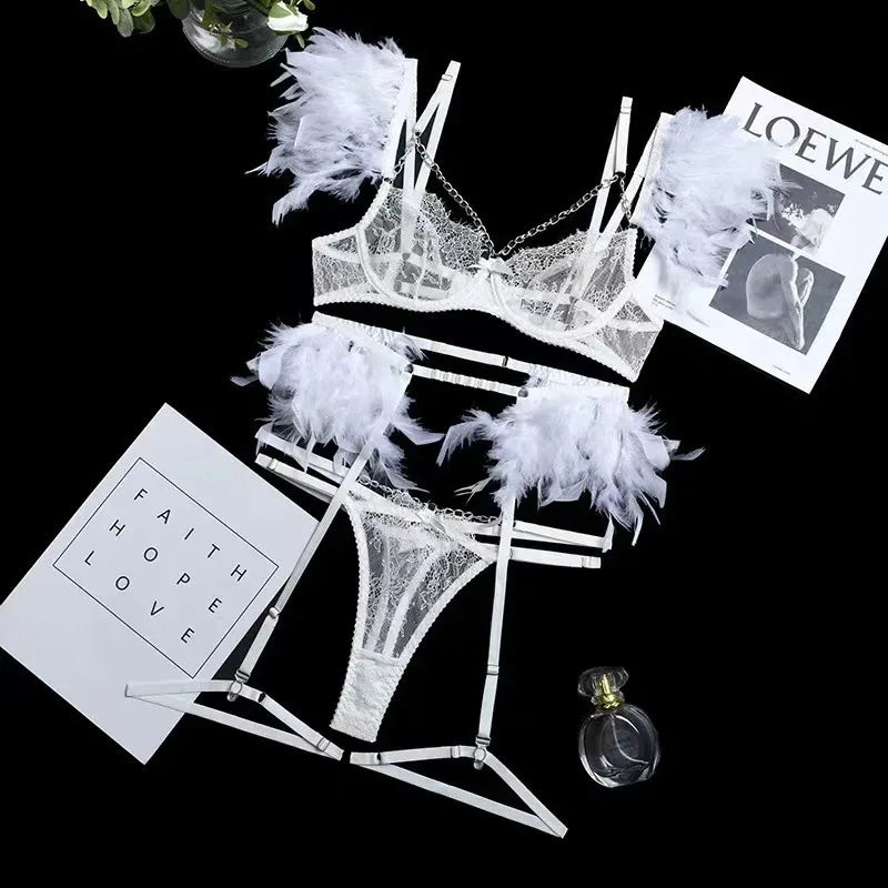 POPEYE Woman Bra Underwear 3 Pieces Erotic Lace Embroidery Feather