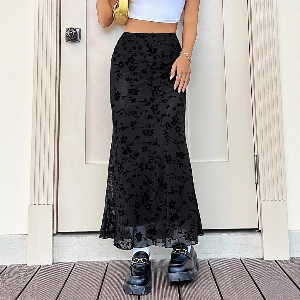 Elegant Dark Green Long Skirts Women 2025 Autumn Casual Floral Half-body Fishtail Slim Maxi Skirt