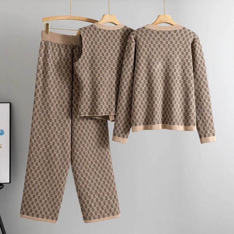 Knited 3 Piece Sets Elegant Women Long Sleeve Sweater Coat Single Breasted Knit Vest Trousers 2026 New