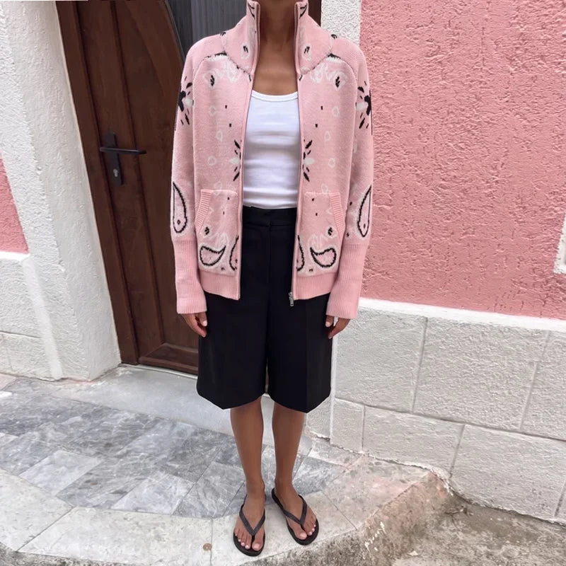 Casual Printed Knitted Women's Cardigan Long Sleeve Zippers Stand Collar Pocket Lady Sweater 2026 Autumn Chic Female Streetwear