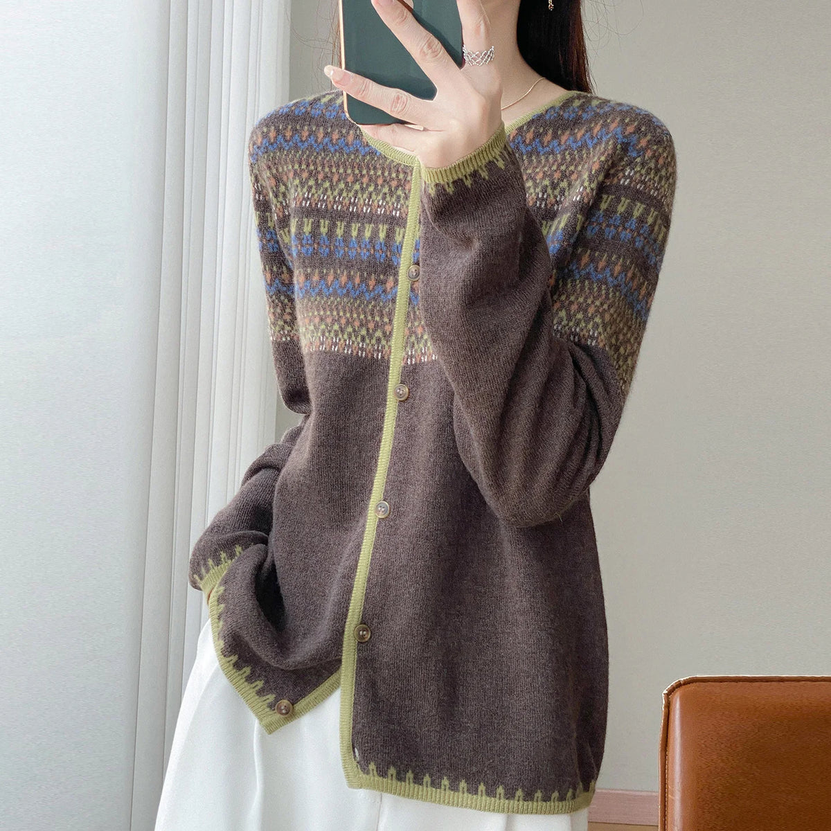 Round Neck Vintage Jacquard mercerized 100% Wool Sweater  Cardigan Women's Loose Long-sleeved Knitted Coat Women's sweater