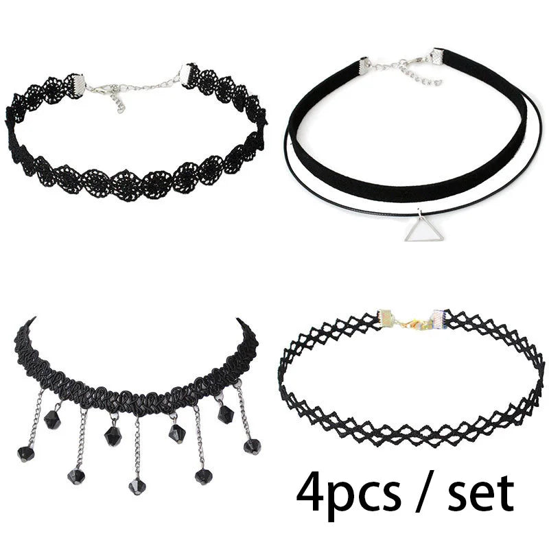 Mixed Hollow Black Leather Velvet Choker Necklace Layer Chockers Vintage