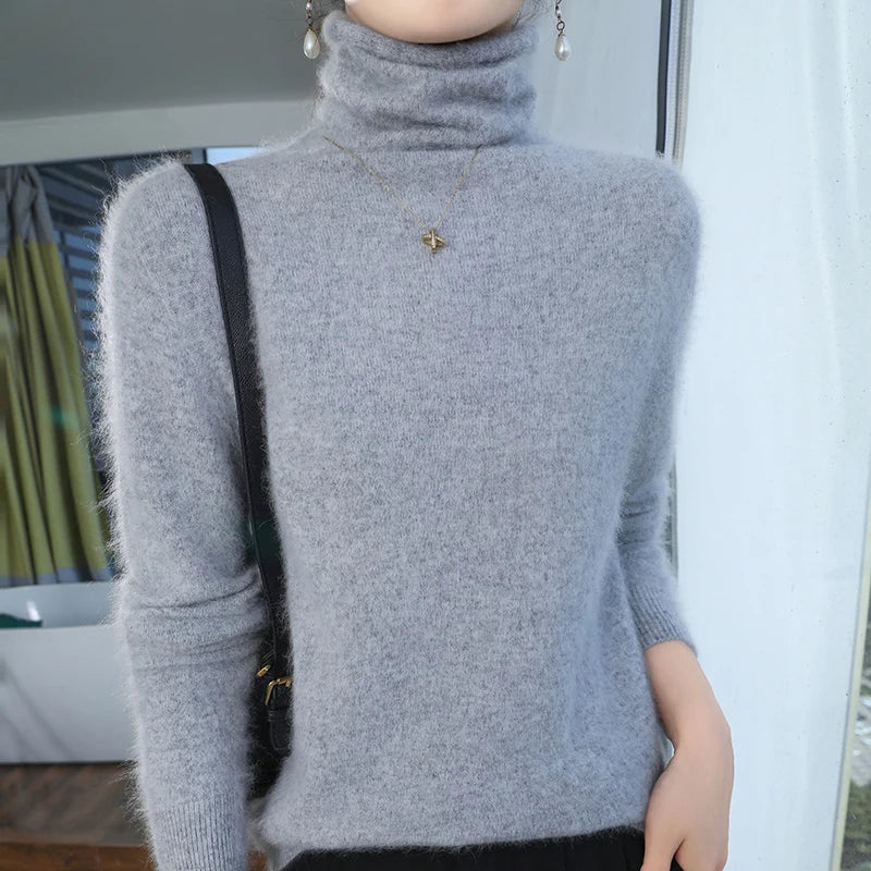 100% Pure Mink Cashmere Knitted Pullovers Women High-Neck Loose Large-size Sweater Casual Warm Tops Autumn and Winter Base Shirt