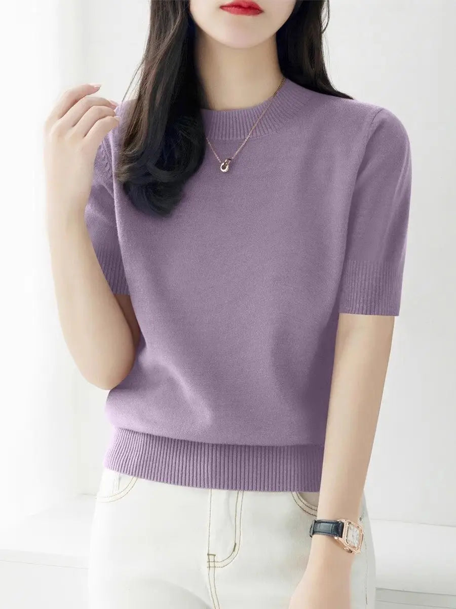 Knitwears New O-Neck Black Knitted Sweater Women Pullovers Short Sleeve Knit Sweater Pullover Women Tops Sueters De Mujer Q3104