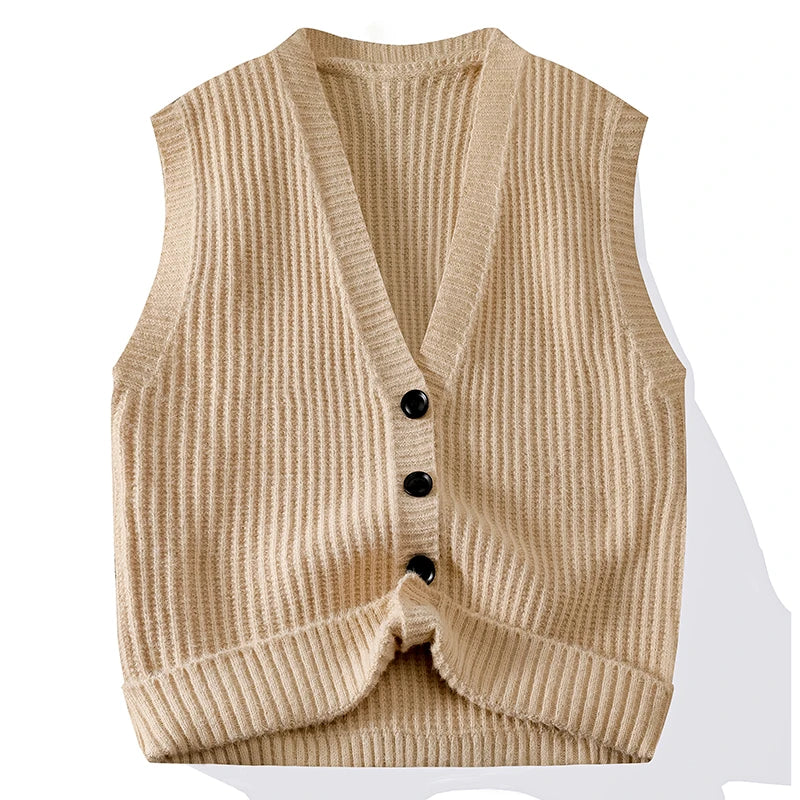 Chic Casual Sleeveless Vest Waistcoat Knitwear V Neck Fashion Loose Shirt Coat New Men Clothes Tops Knit Sweater Jacket Cardigan