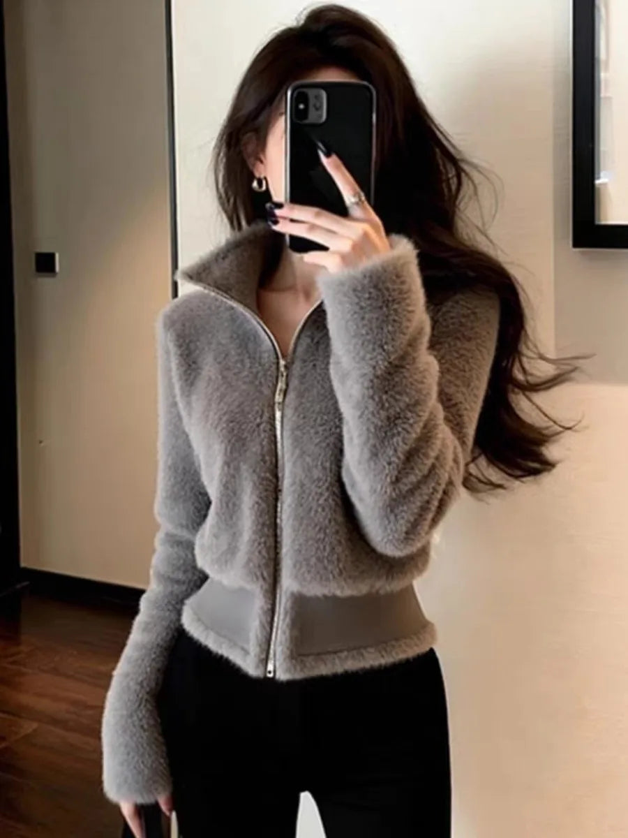 Fashionable Early Winter Jacket Elegant Grey Fur Trim Waist-Cinching Short Coat Velvet Material Long Sleeve Women's Outerwear