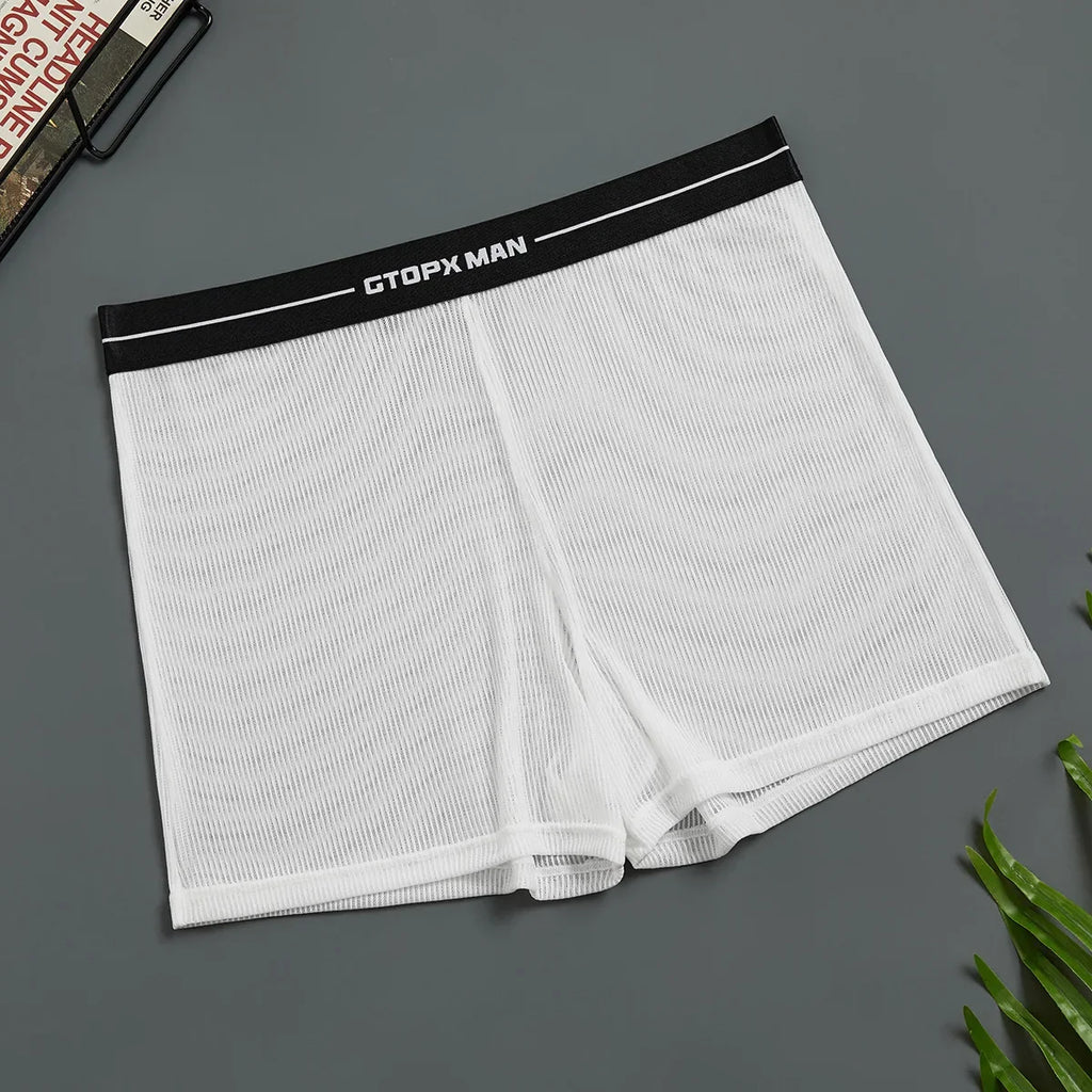 Mens Sexy Mesh Transparent Underwear Mid Waist Ultra-thin Boxer Shorts Breathable Panties Homewear Arrow Pants Solid Underpants