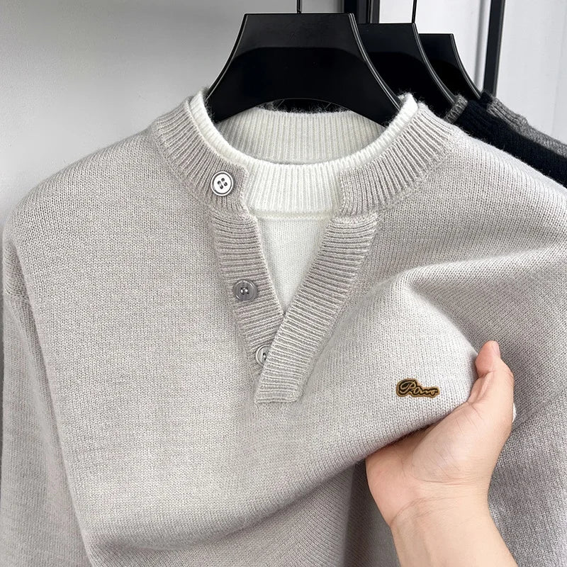 Fashion Men‘s Long-Sleeved Sweater Knitwear Button False Two-Piece Color Blocking Pullover Classic Leisure Hot-Selling for Men