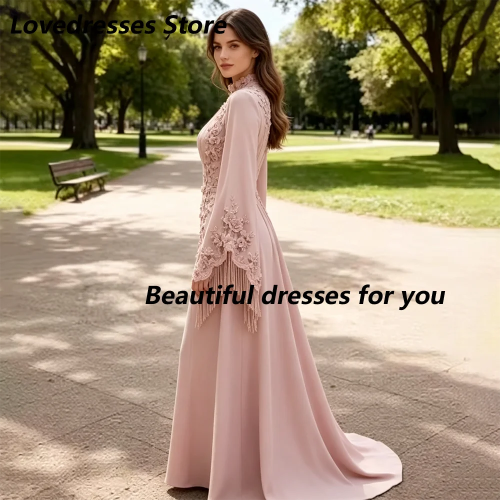 Customized Evening Dresses Dusty Pink High Neck Floral Applique Tassel