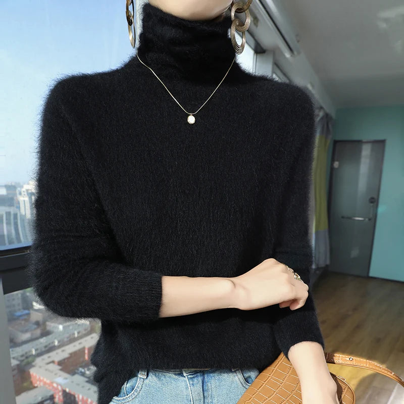 100% Pure Mink Cashmere Knitted Pullovers Women High-Neck Loose Large-size Sweater Casual Warm Tops Autumn and Winter Base Shirt