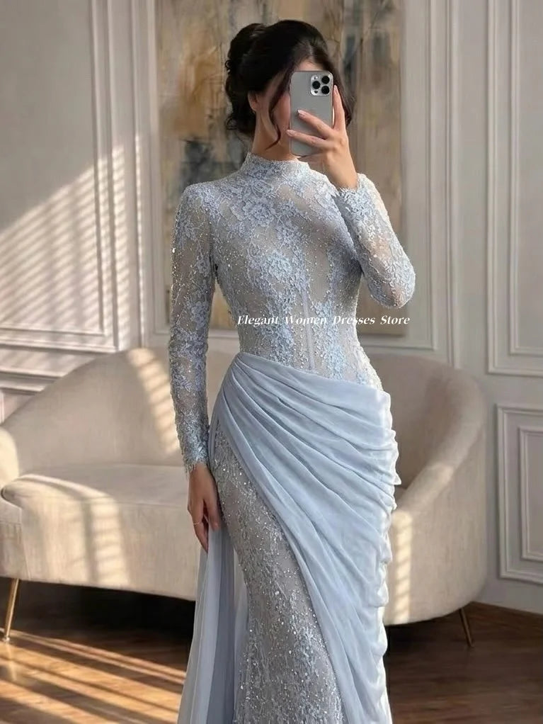 Evening Dresses Dusty Blue High Neck Long Sleeve Lace Beaded Mermaid