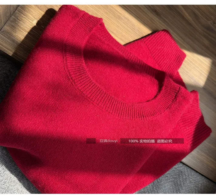 100% pure wool undershirt women's autumn and winter round-neck sweater loose high-end knitted pullover top women