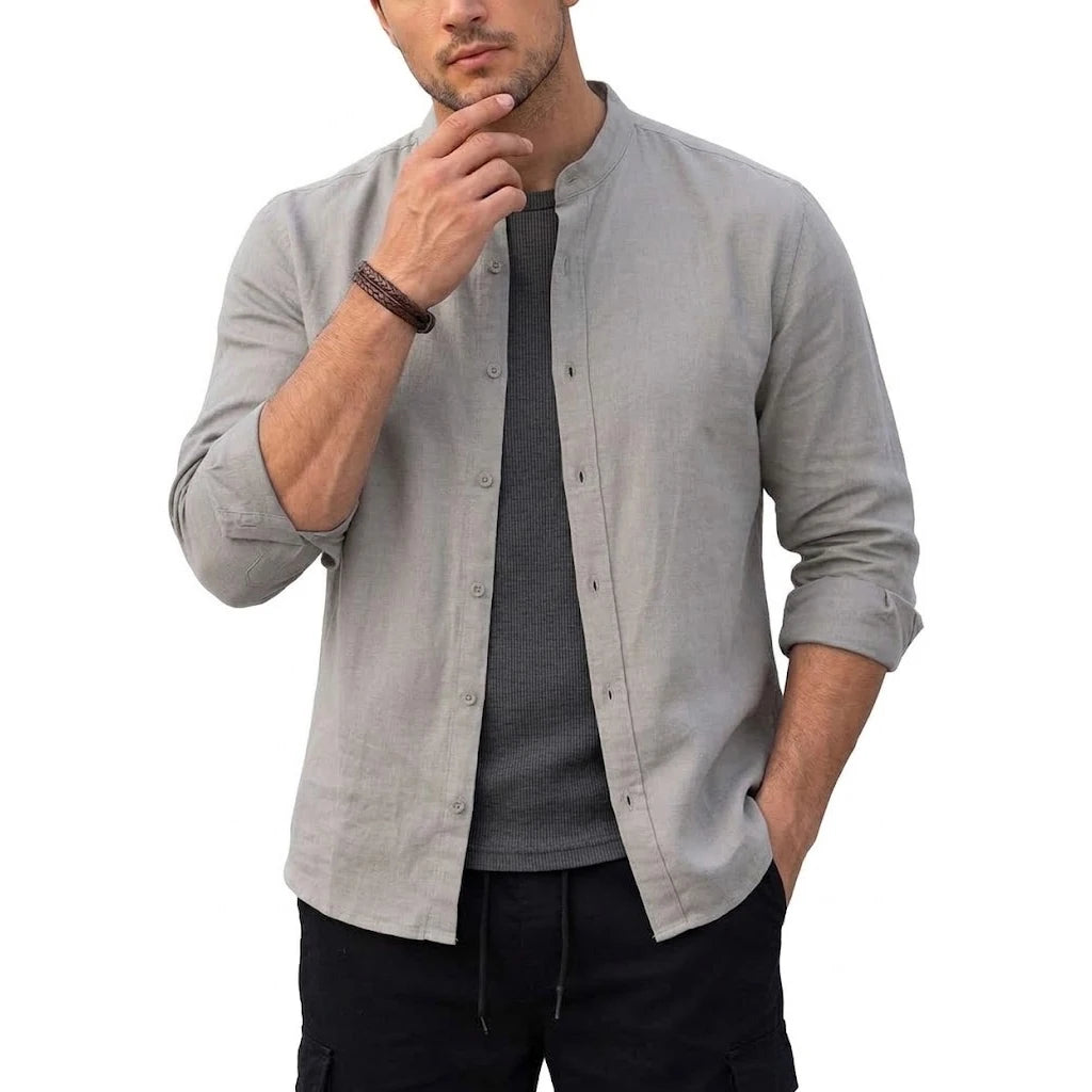 Mens Casual Button Down TShirt Long Sleeve Breathable Linen Shirts Lightweight Stand Collar Urban Streetwear Loose VNeck Tops